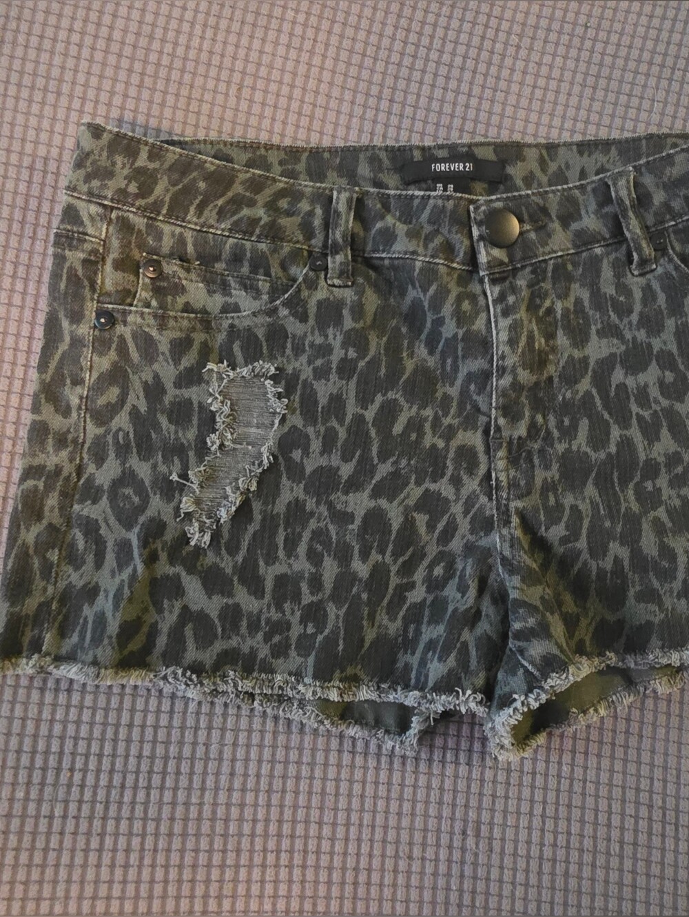 Forever 21 Washed Dark Gray Leopard Print Distressed Denim Shorts